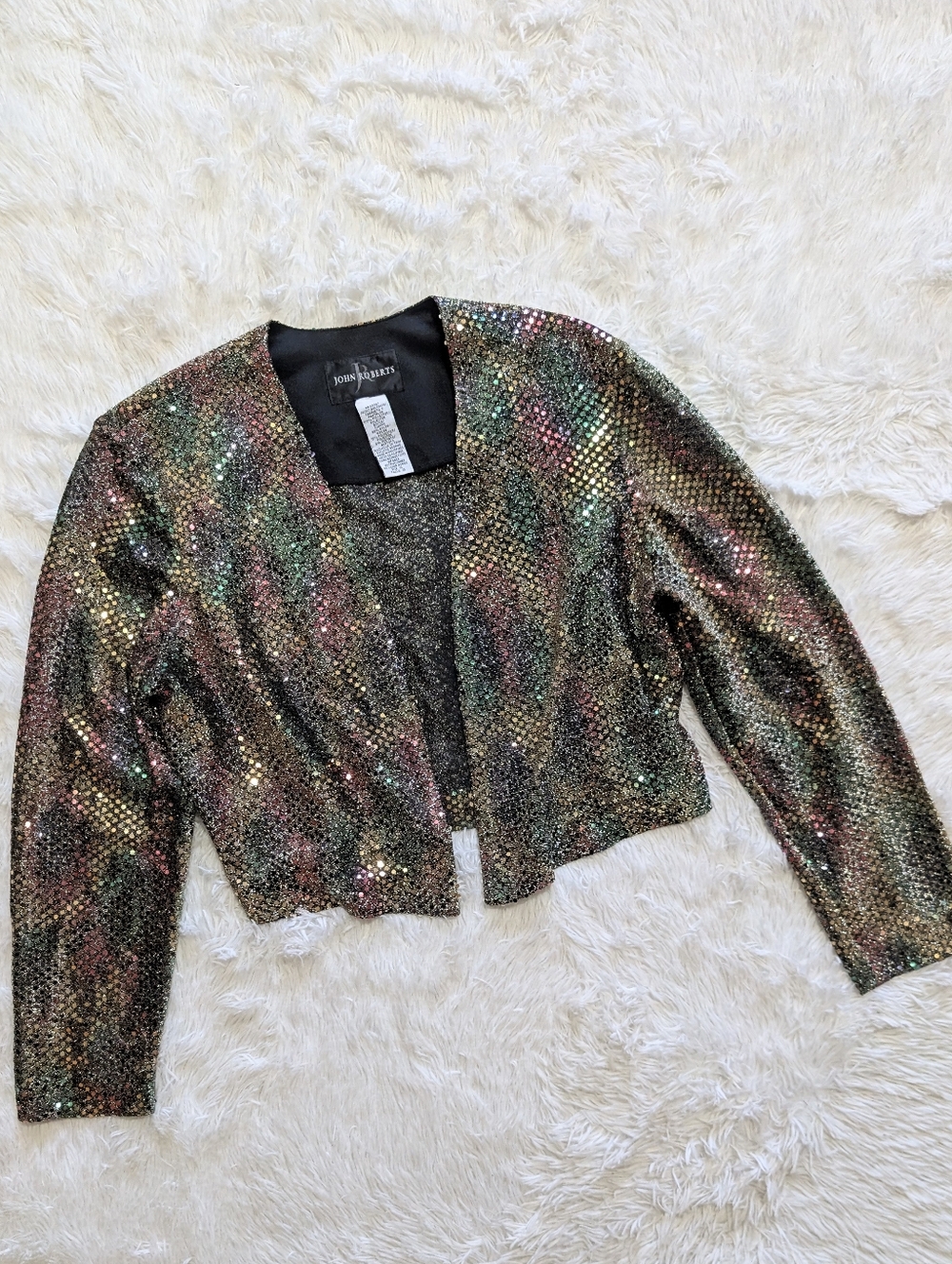 90s Rainbow Sequin Gold Sparkly Metallic John Roberts Vintage Party Jacket - Picture 3 of 10